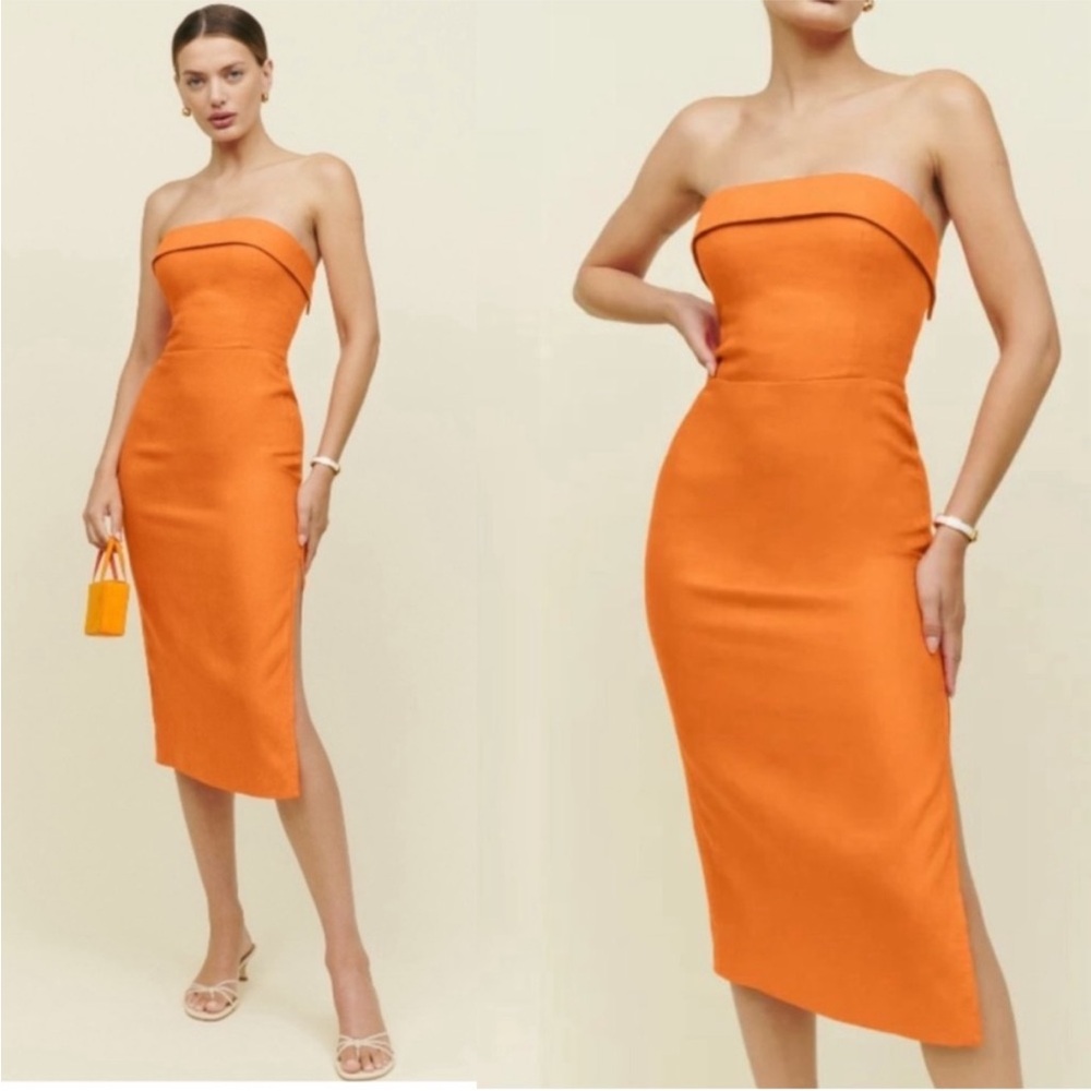 Reformation Orange Marcella Strapless Linen Midi Dress w/ Slit